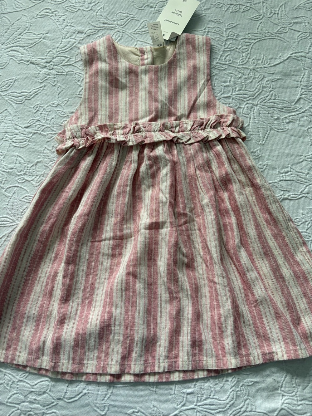 H&M Girls linen 4t new Pink Stripe Ruffle Waist Dress